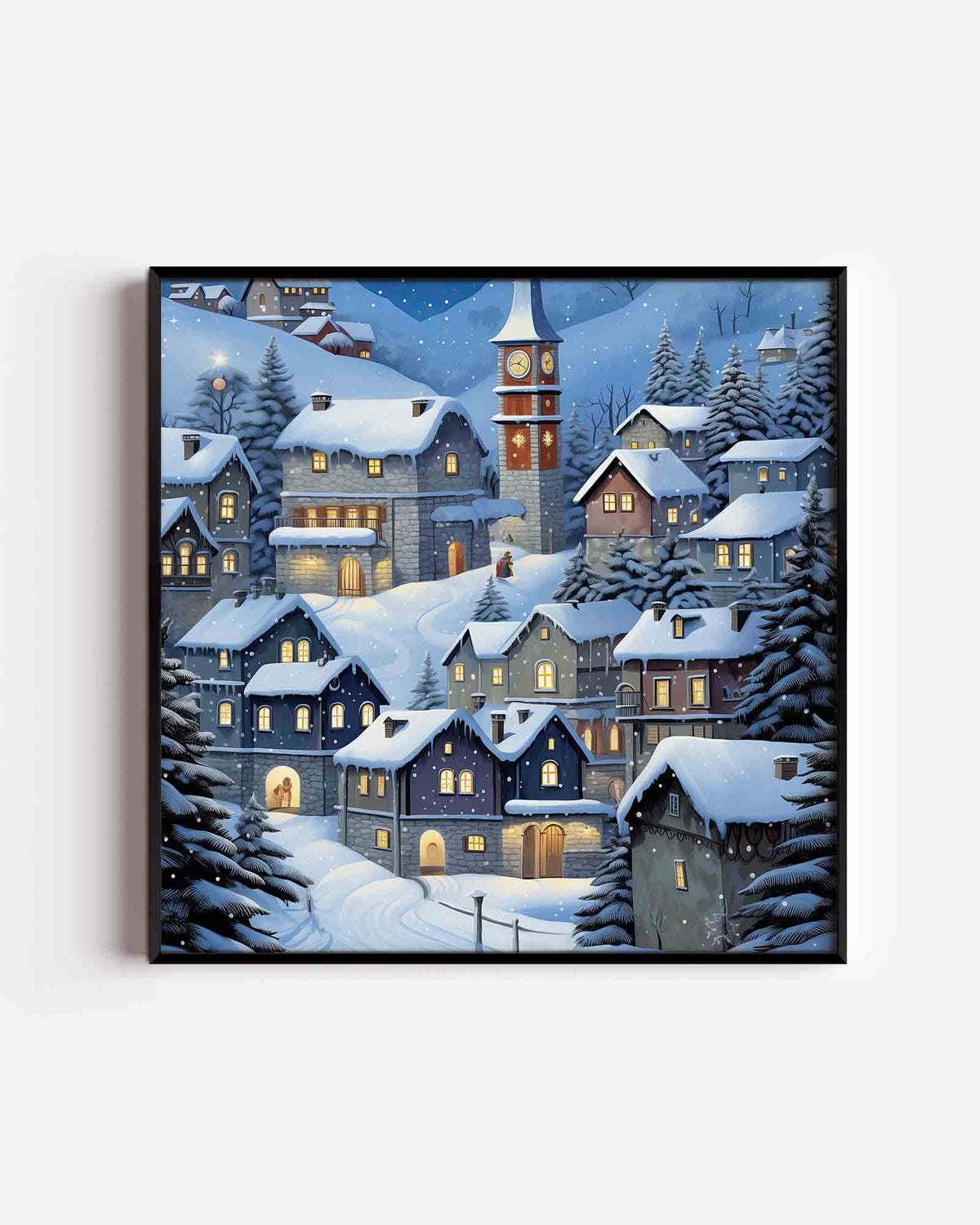 Winterdorp met sneeuw – kerst vierkante poster als wanddecoratie