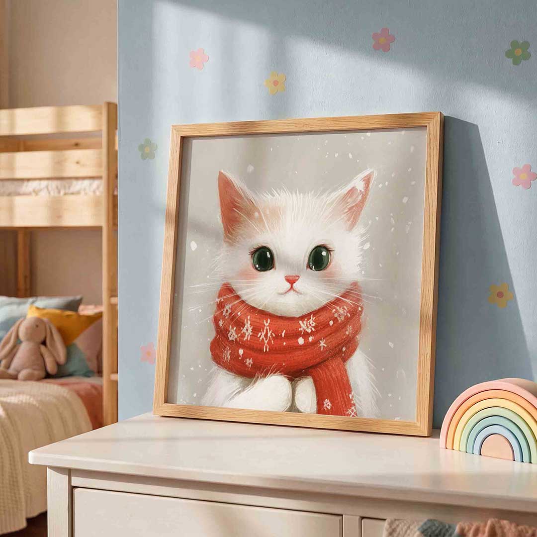Kat met rode sjaal – speelse wandkunst als vierkante kinderposter