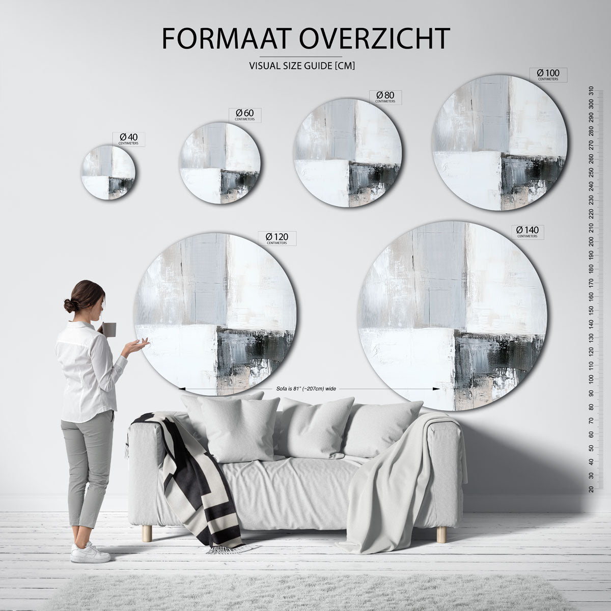 Abstracte grijze – ronde muurdecoratie met vrouwelijk portret