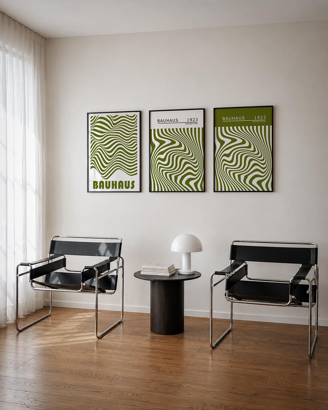 Golvend lijnenspel driedelige posterset – deze posterset in drie delen toont vloeiende, golvende lijnen in olijfgroen op een