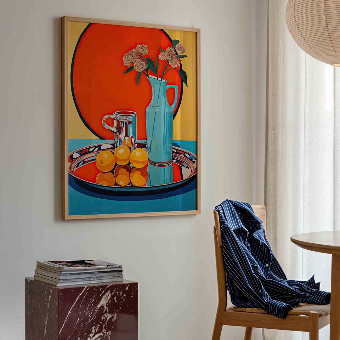 Stilleven met bloemen en fruit – kleurrijke illustratie poster in staand formaat