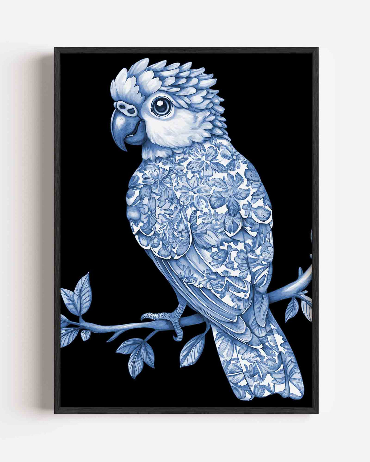 Papegaai met bloemen – Delfts blauwe portret poster als wanddecoratie
