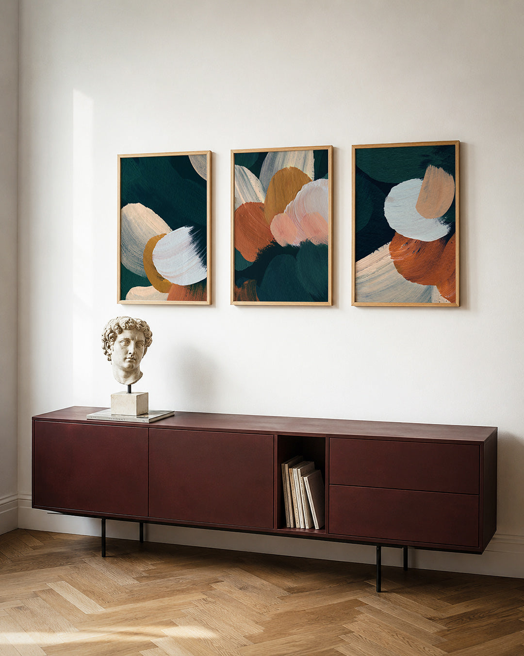Kleurvlakken harmonie posterset – tweede productweergave – deze posterset in drie delen toont een vloeiend spel van
