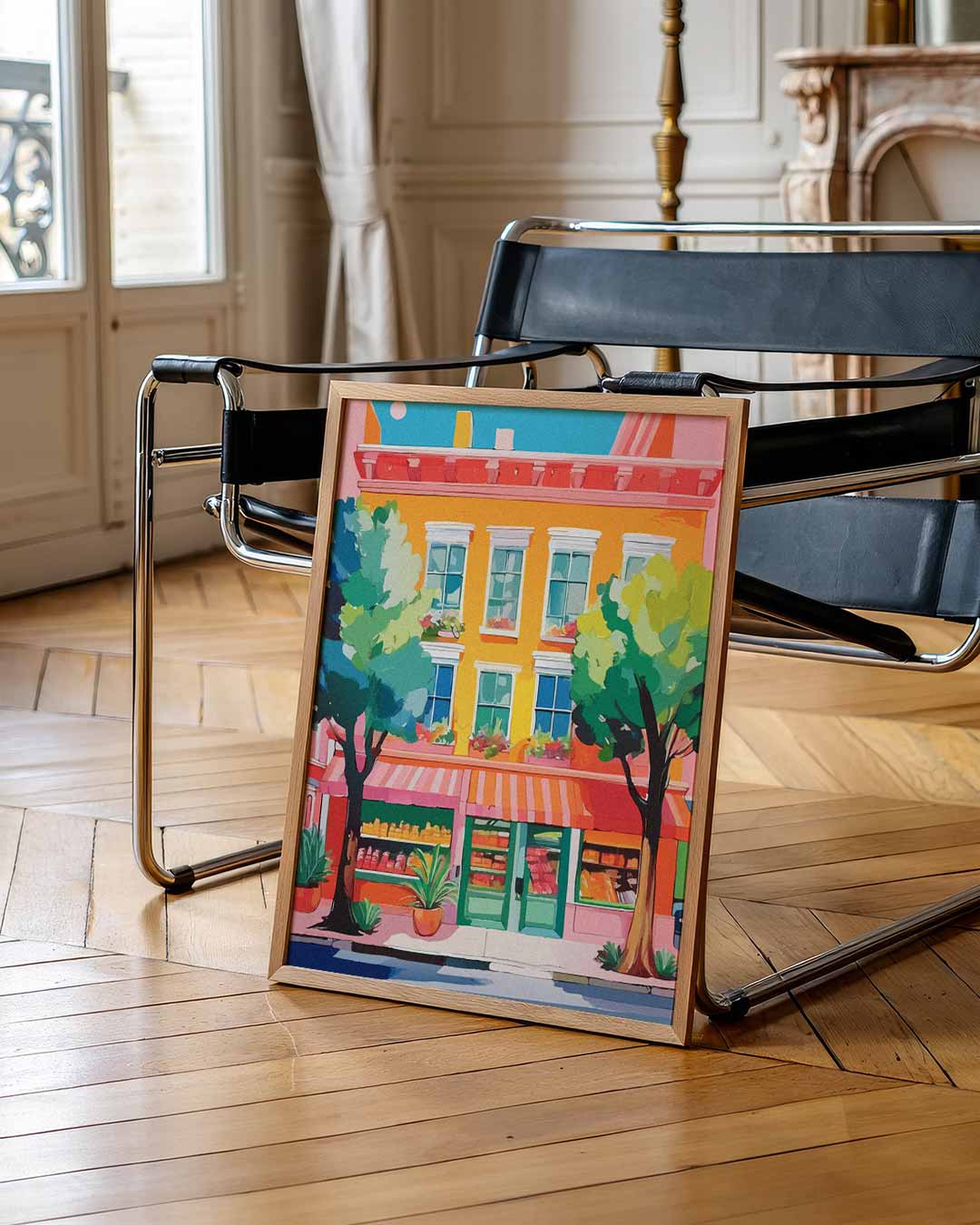 Zonnige Straatwinkel – urban poster in staand formaat