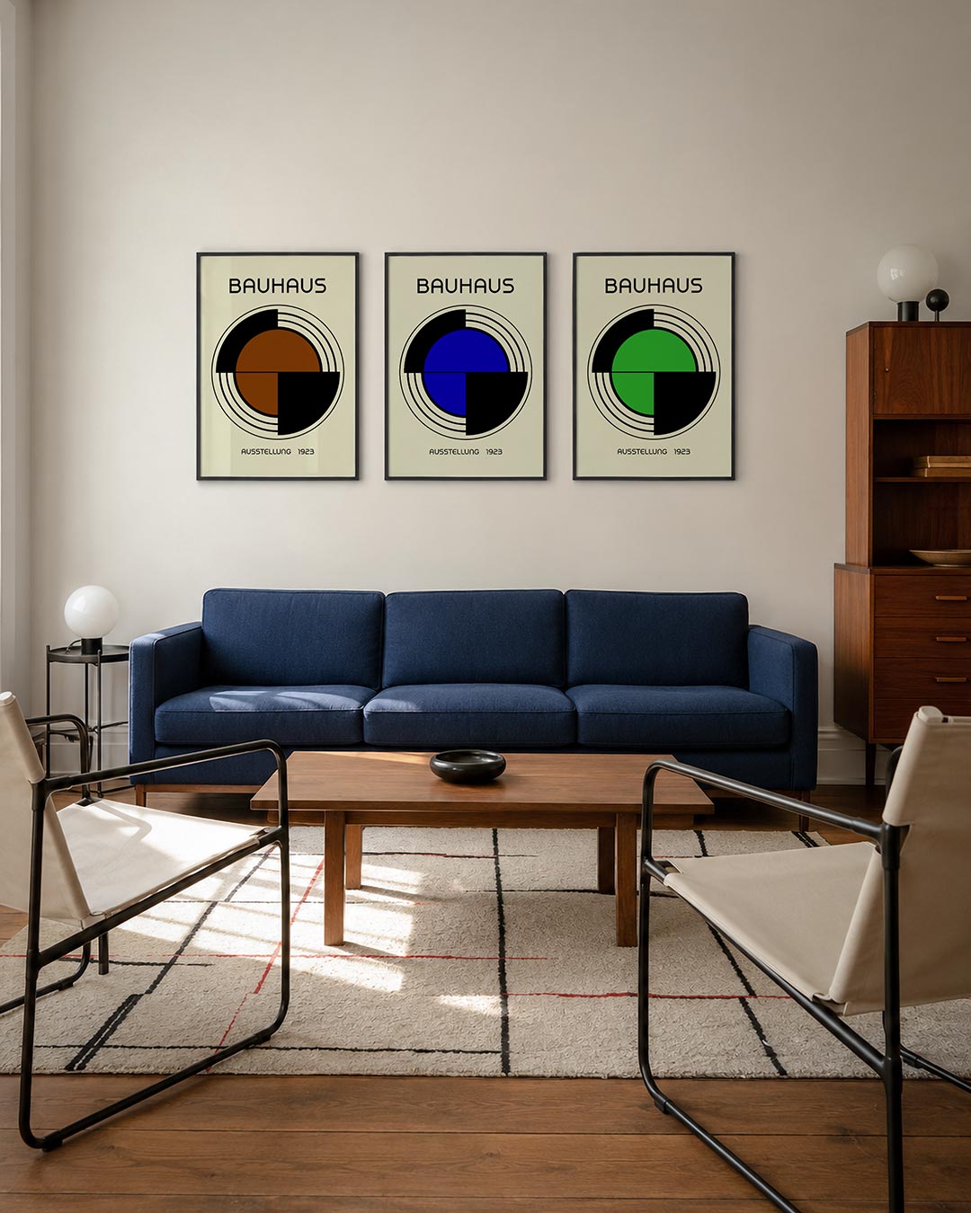 Cirkel en lijnen driedelige posterset – deze posterset in drie delen toont een centrale cirkel in bruin en zwart, omringd