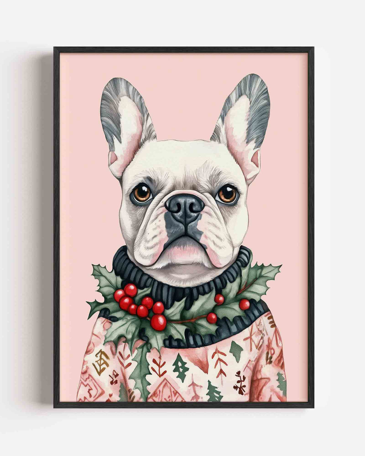 Franse bulldog met kersttrui – kids portret poster als wanddecoratie