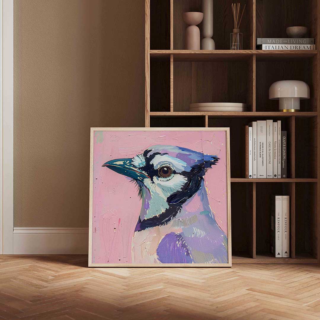 Vogel op roze achtergrond – kleurrijke vierkante wanddecoratie van WallArtistic