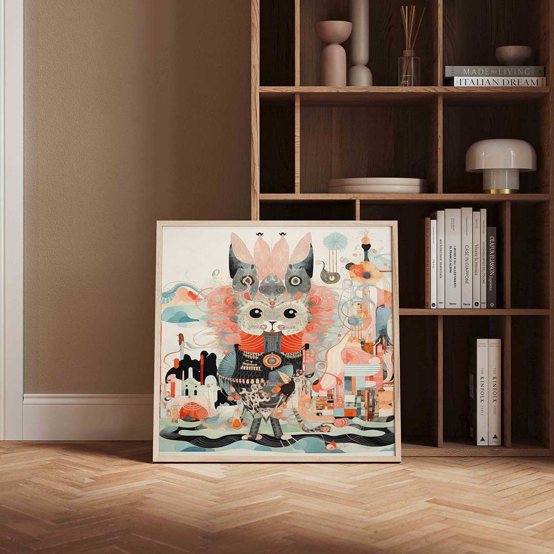 Kat met abstracte vormen – vierkante wanddecoratie met kleur en vorm van WallArtistic