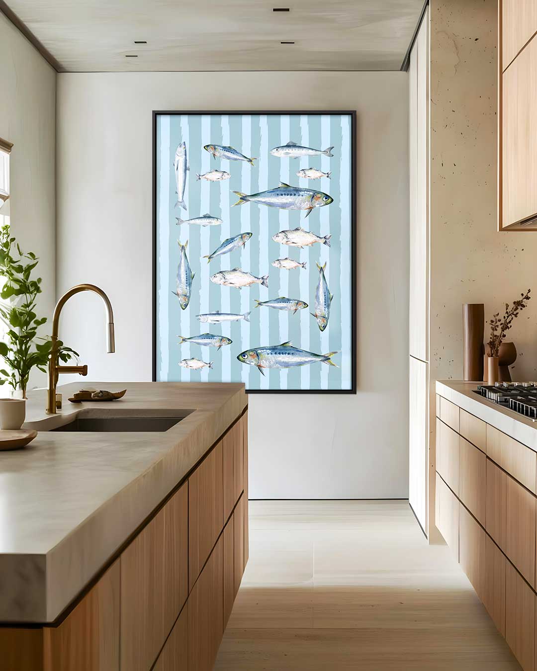 Speelse Visjes op Blauwe Strepen – staand kunstwerk voor modern interieur
