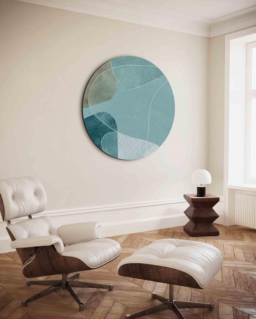 Abstracte vormen – moderne ronde wanddecoratie met vrouwelijk portret