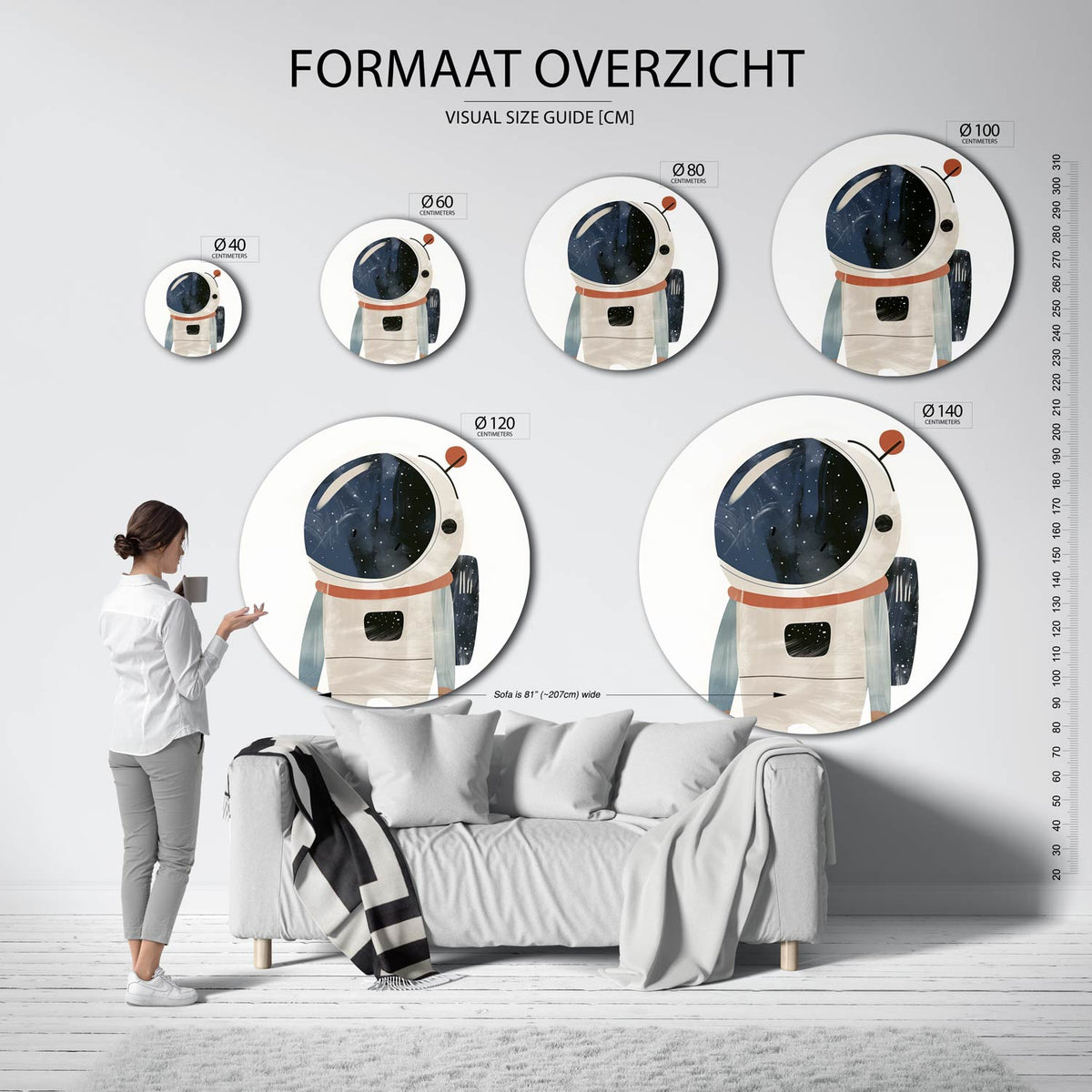Astronaut in ruimtepak Muurcirkel – extra productweergave – Een astronaut in een wit ruimtepak met een donkerblauwe helm vol