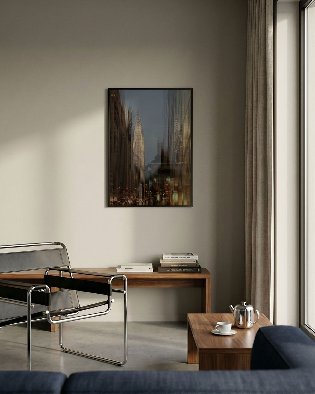 Stedelijke reflecties poster – detailweergave – deze poster toont een stad met hoge gebouwen en reflecties. De compositie is