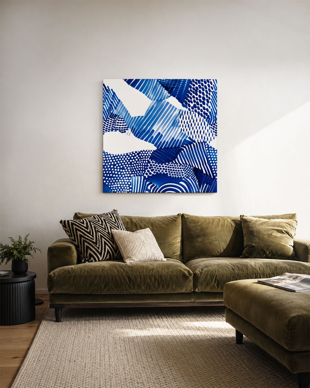 Dynamische patronen kunstwerk – derde productweergave – dit kunstwerk toont een levendige compositie van blauwe en witte