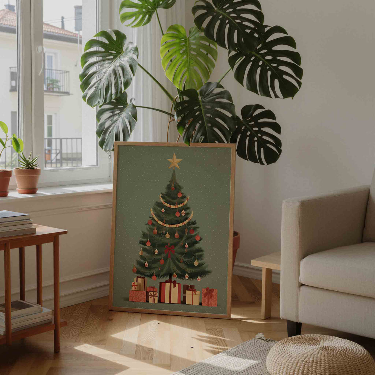 Kerstboom met cadeaus – feestelijke wandkunst als portret poster