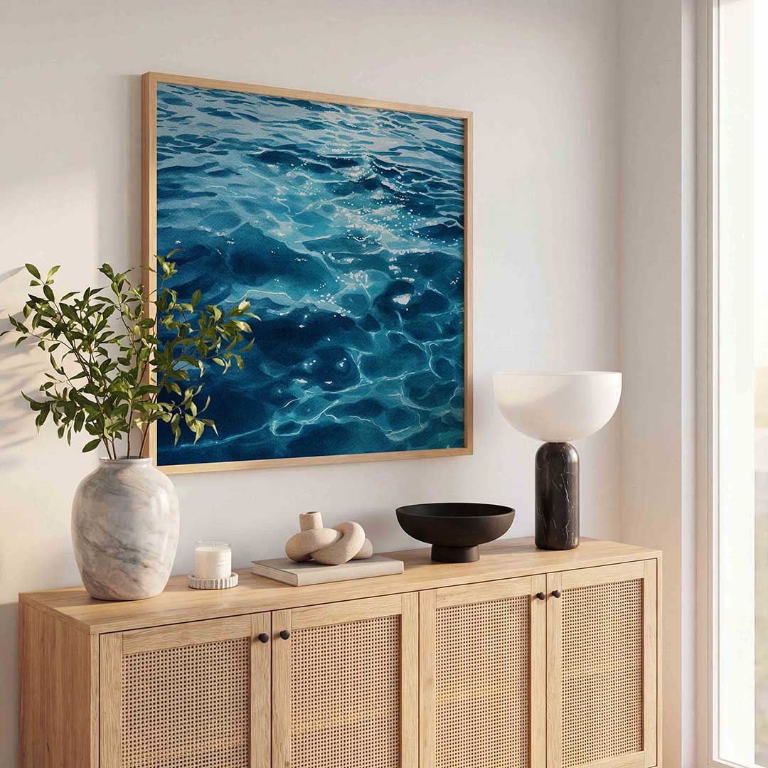 Blauwe wateroppervlak – tropische poster in vierkant formaat
