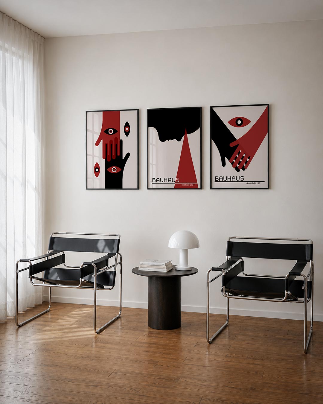 Handen en ogen driedelige posterset – twee handen in rood en zwart met ogen in het midden. Contrasterende kleuren en vormen