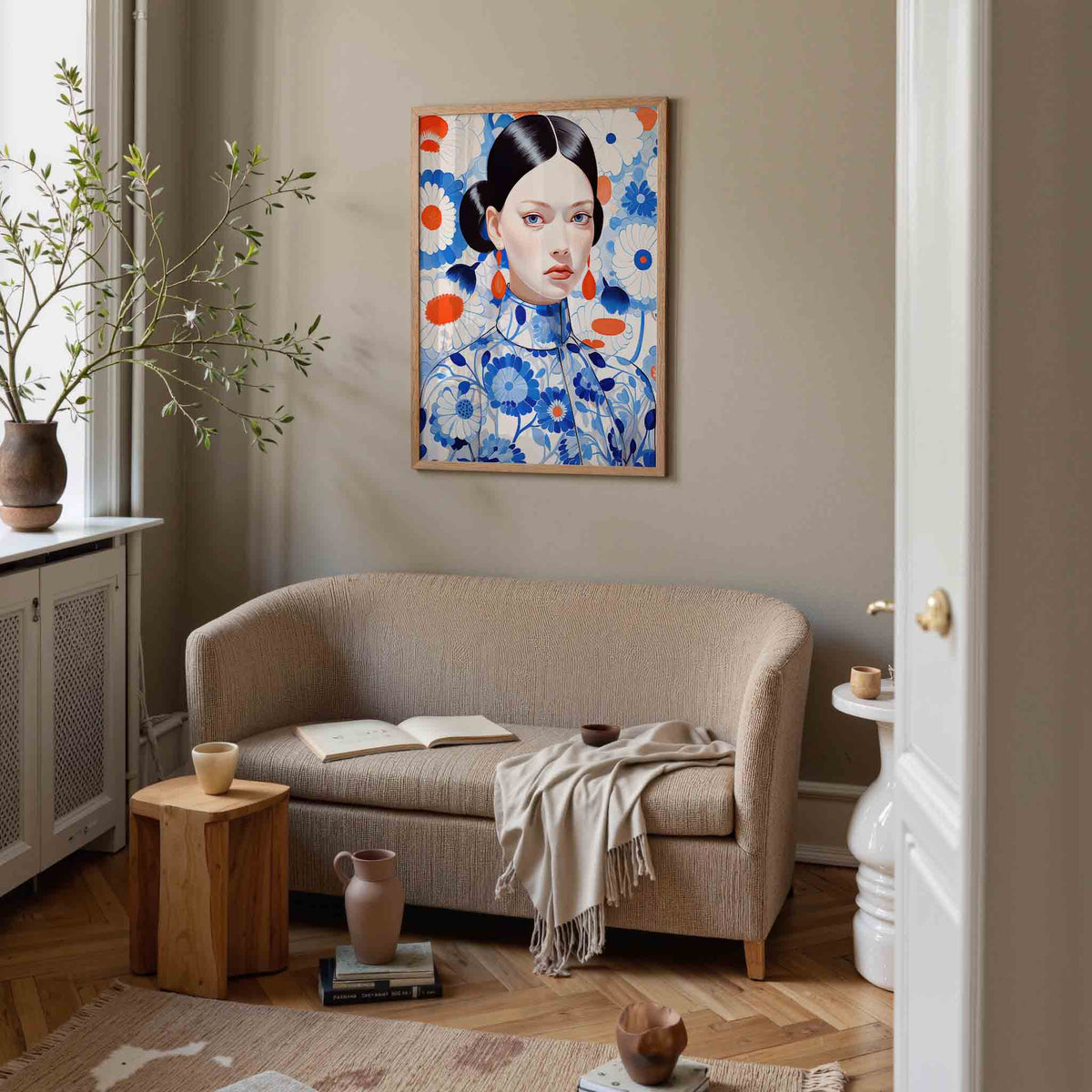 Vrouw met bloemenpatroon – botanische poster in staand formaat