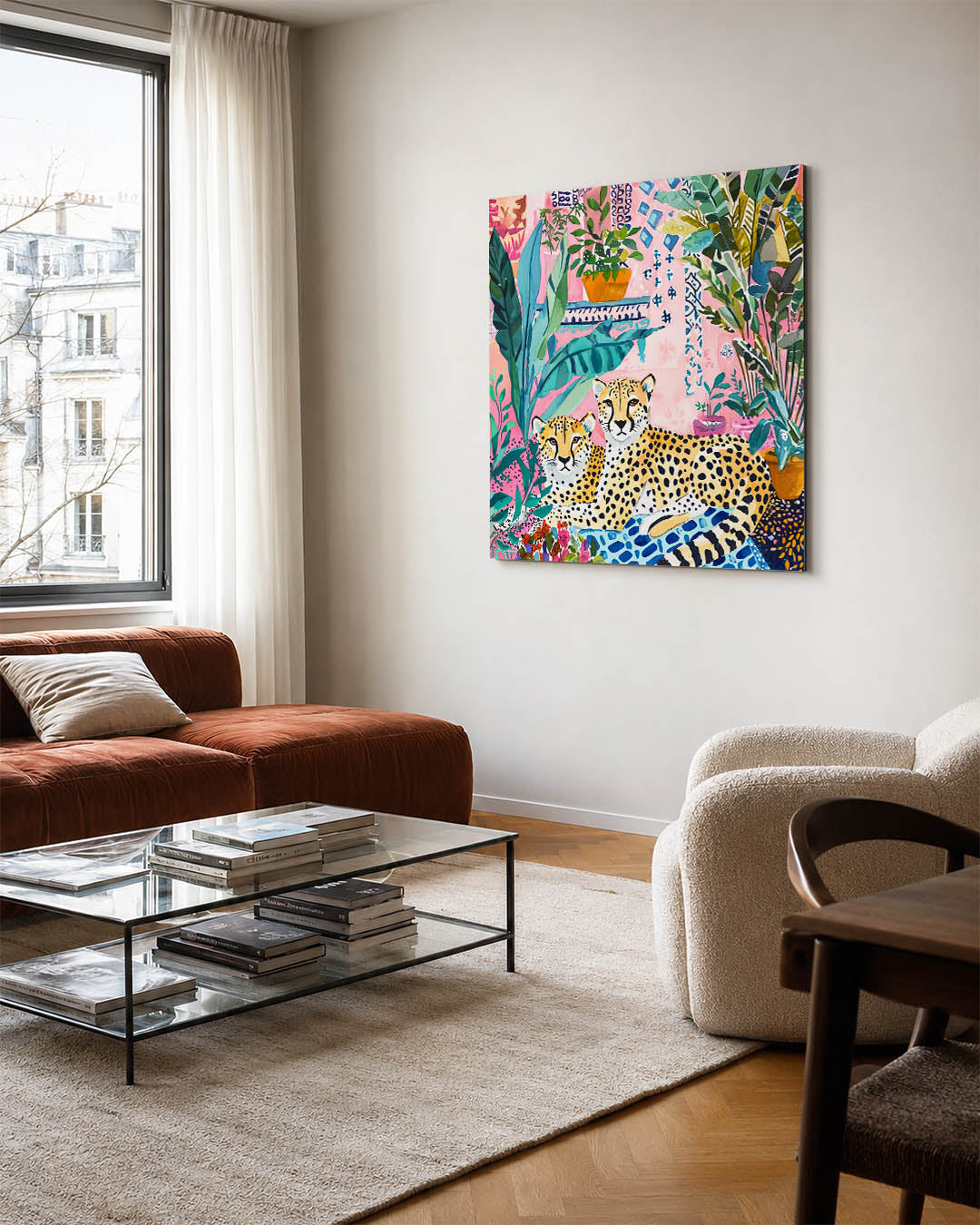 Tropische dierenwereld kunstwerk – vierkante wanddecoratie – dit kunstwerk toont twee luipaarden te midden van weelderige