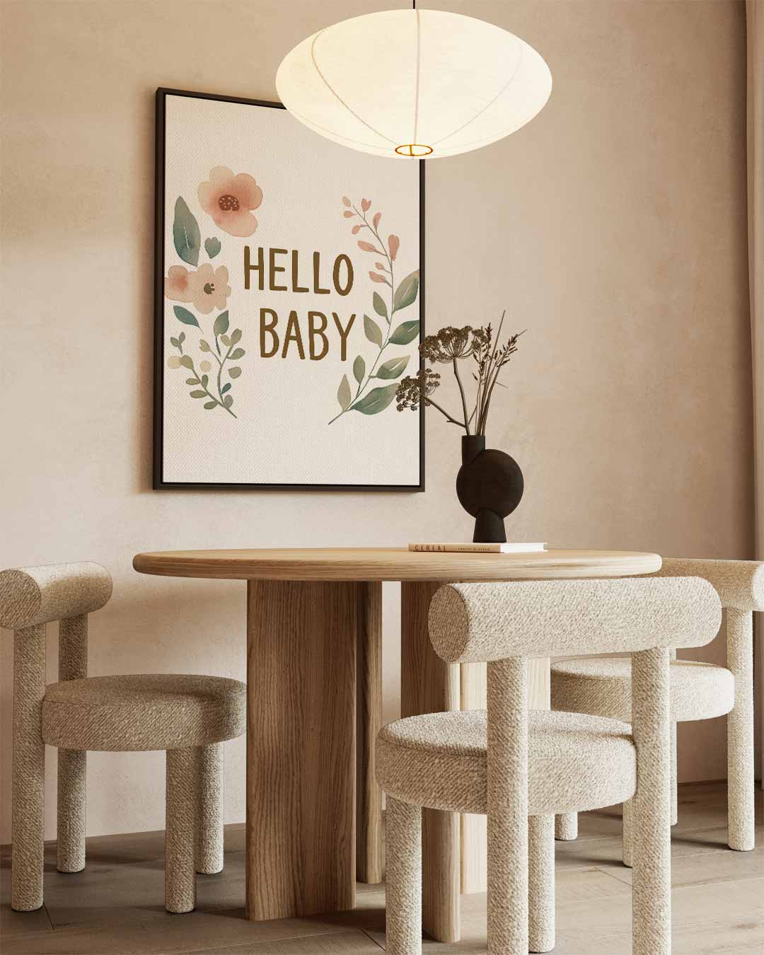 Hello Baby Bloemenprint – kunstwerk met zwarte baklijst