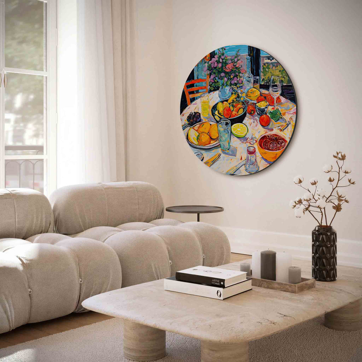 Fruit en bloemen op tafel – muurcirkel met abstracte texturen voor aan de muur