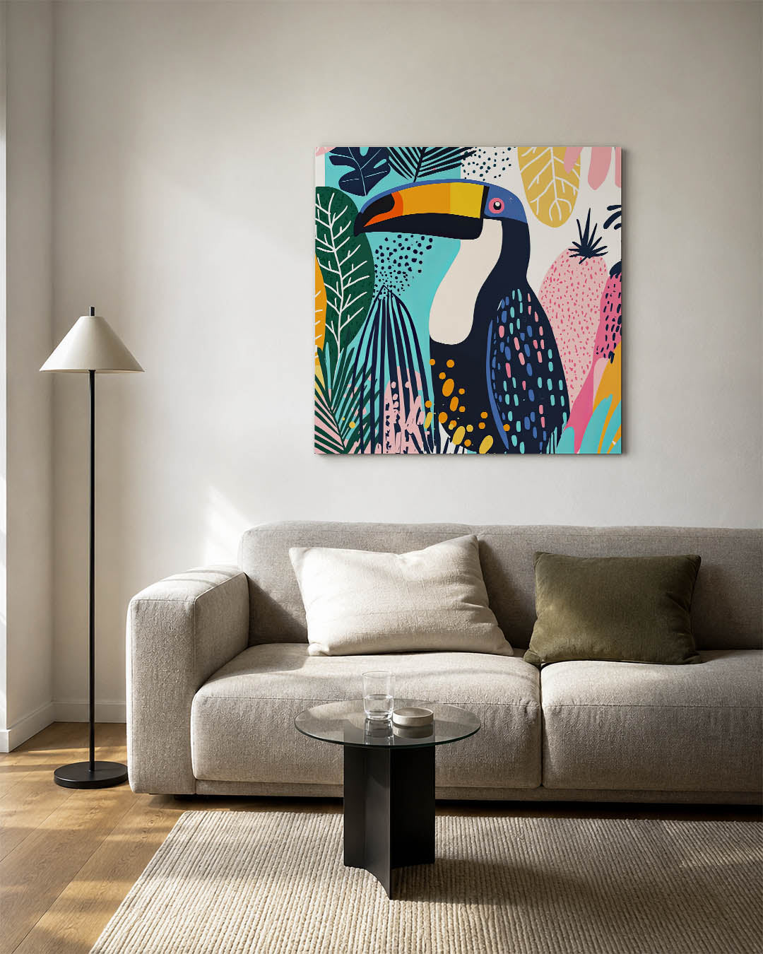 Vrolijke toekan illustratie kunstwerk – detailweergave – dit werk toont een kleurrijke toekan omringd door levendige