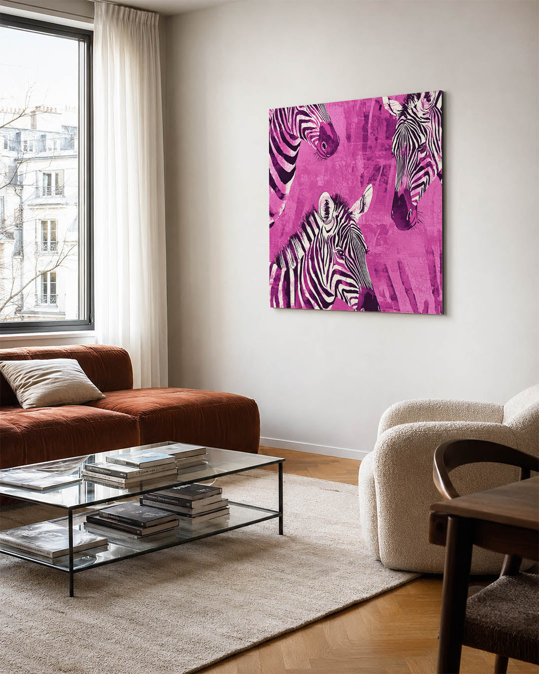 Zebra's in levendige tinten kunstwerk – vierkante wanddecoratie – dit werk toont zebra's met opvallende strepen tegen een