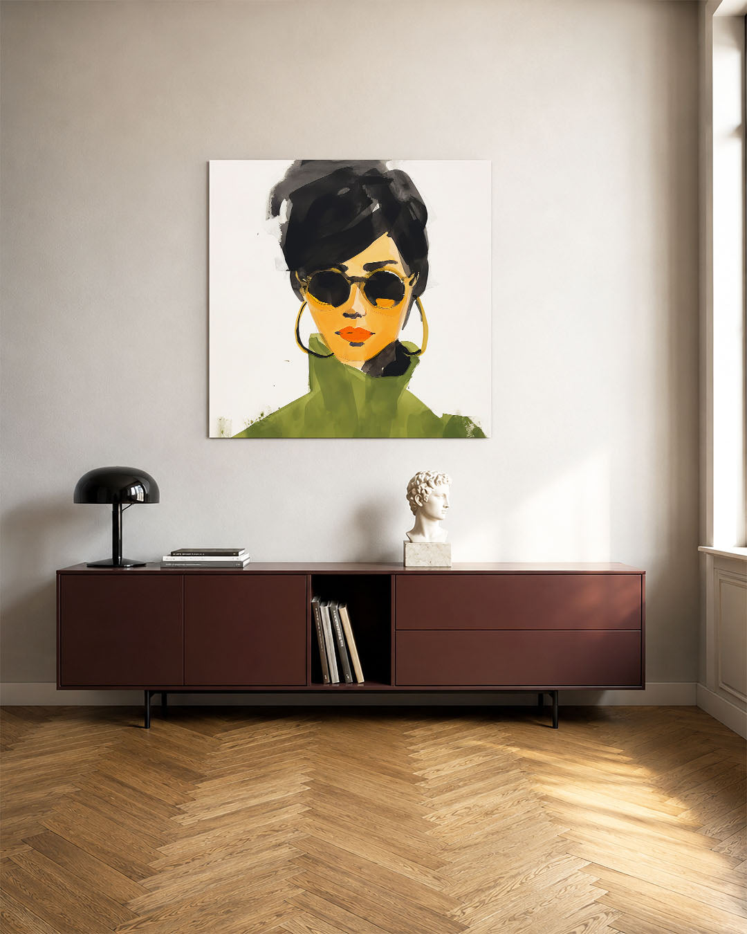 Stijlvolle vrouw kunstwerk – tweede productweergave – dit kunstwerk toont een vrouw met grote zonnebril en opvallende