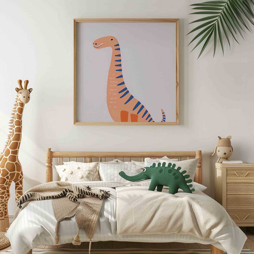 Dinosaurus met blauwe strepen – vierkante kinderkamer wanddecoratie van WallArtistic