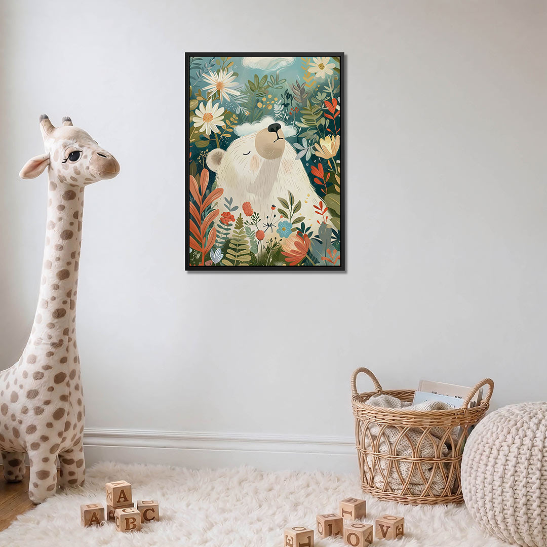 Dromerige beer in bloemen – moderne staande wandkunst