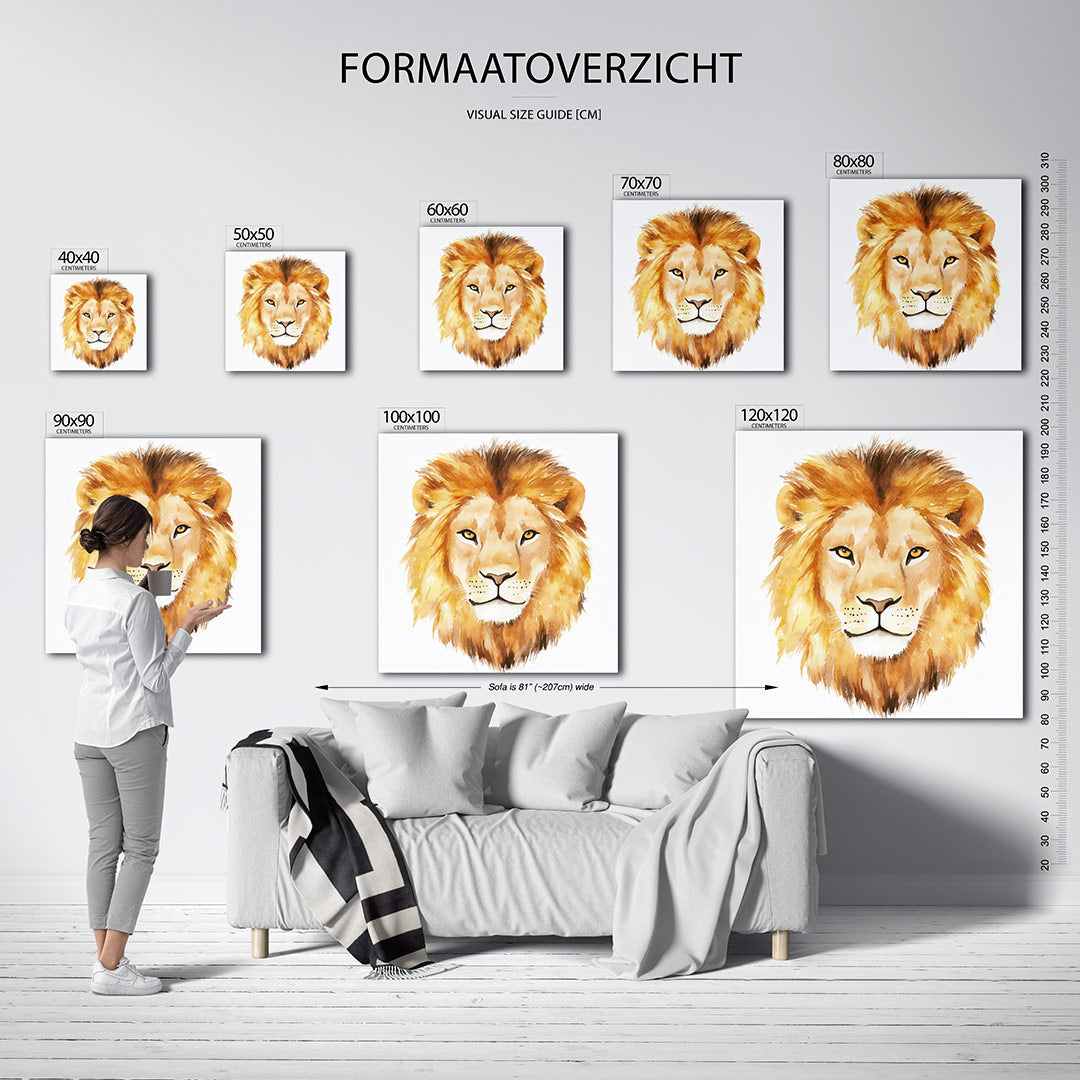 Leeuwenkop aquarel kunstwerk – sfeerbeeld – dit kunstwerk toont een gedetailleerde leeuwenkop in warme tinten, met vloeiende