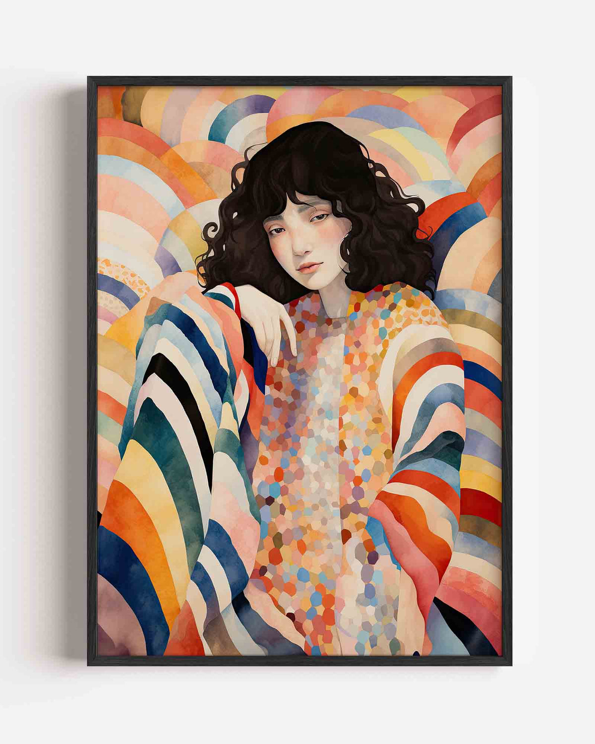 Vrouw met kleurrijke achtergrond – kleurrijke illustratie portret poster als wanddecoratie