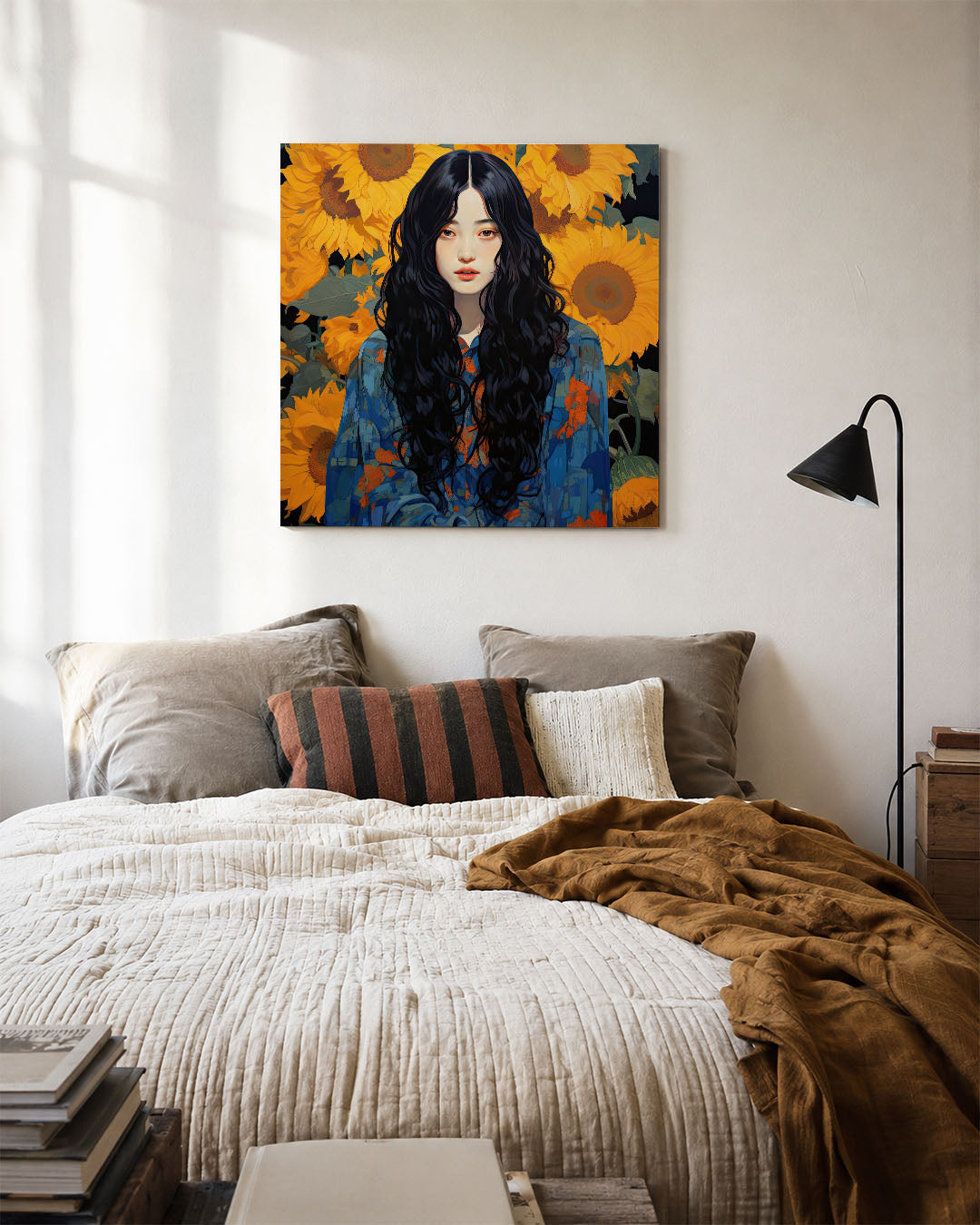 Vrouw met zonnebloemen kunstwerk – detailweergave – dit werk toont een vrouw met lange donkere haren, omgeven door levendige