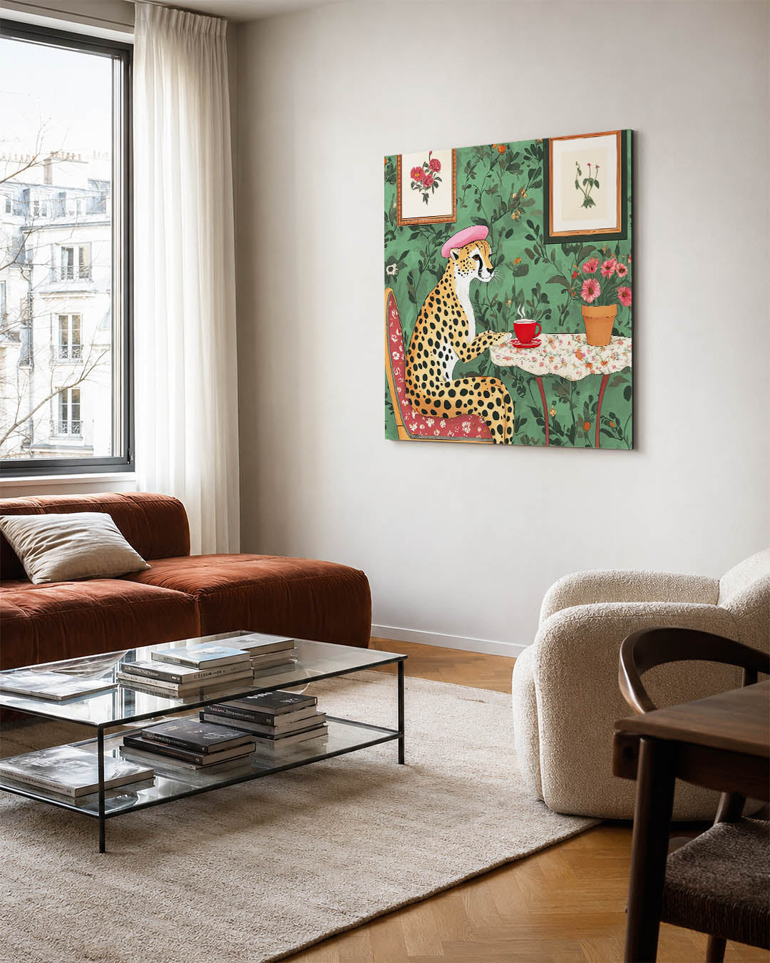 Dromerige dierenkamer kunstwerk – vierkante wanddecoratie – dit kunstwerk toont een dier met een roze hoed, zittend aan een