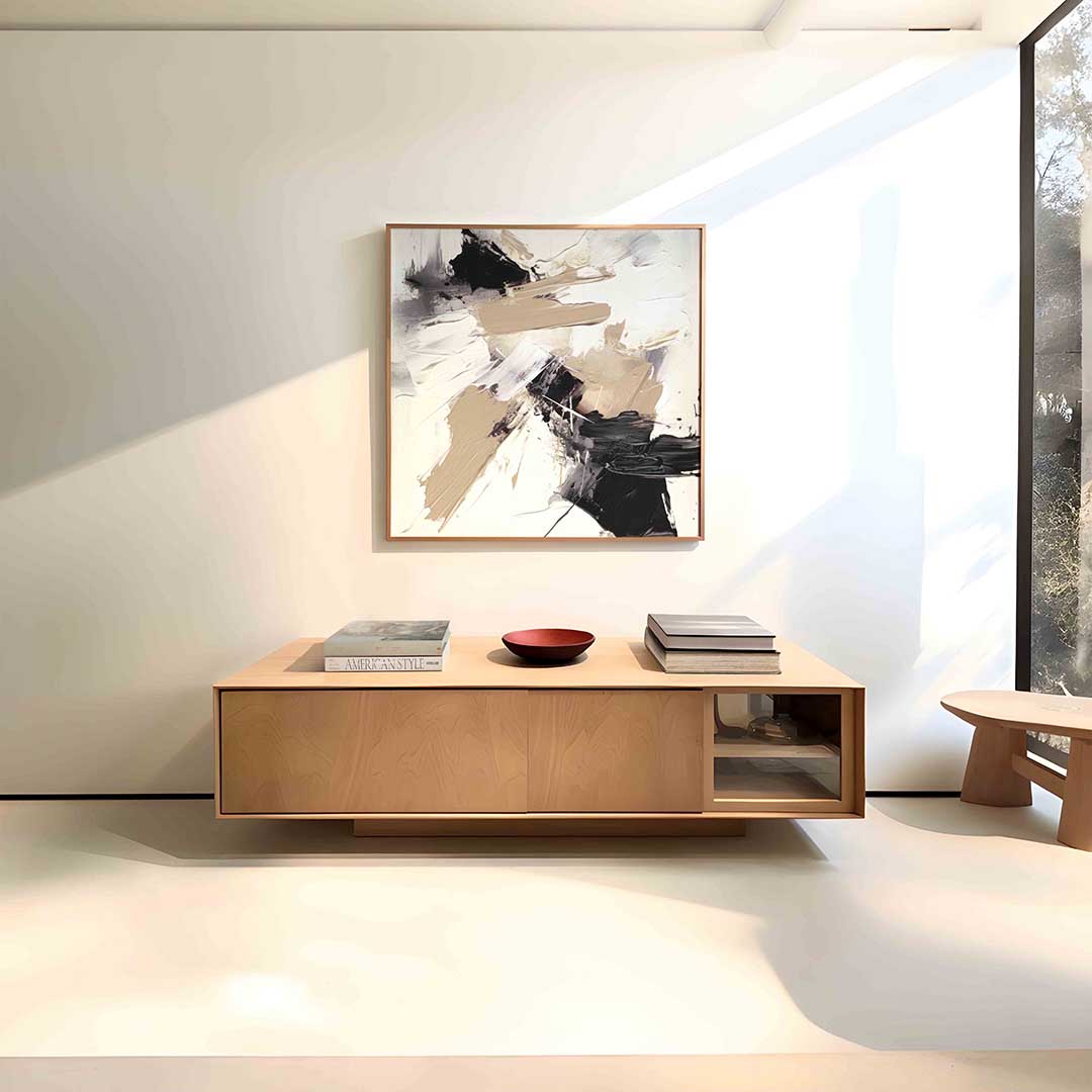 Abstracte beige en zwarte – vierkante zachte abstracte wanddecoratie van WallArtistic