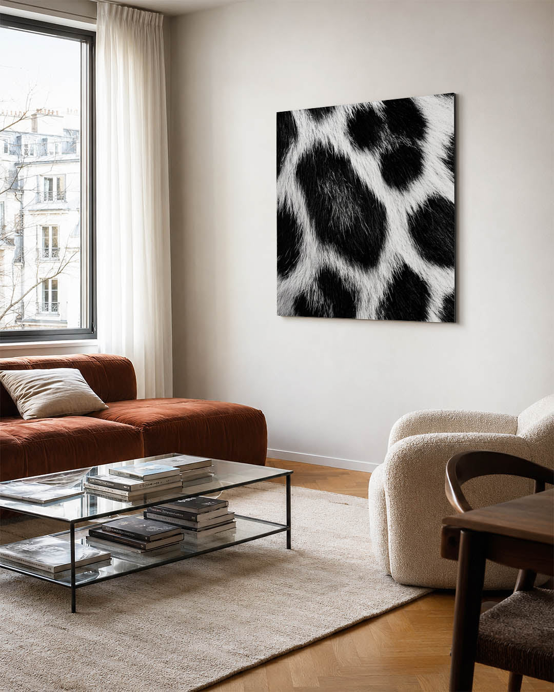 Dierlijke patronen kunstwerk – vierkante wanddecoratie – dit kunstwerk toont een close-up van een vacht met contrasterende