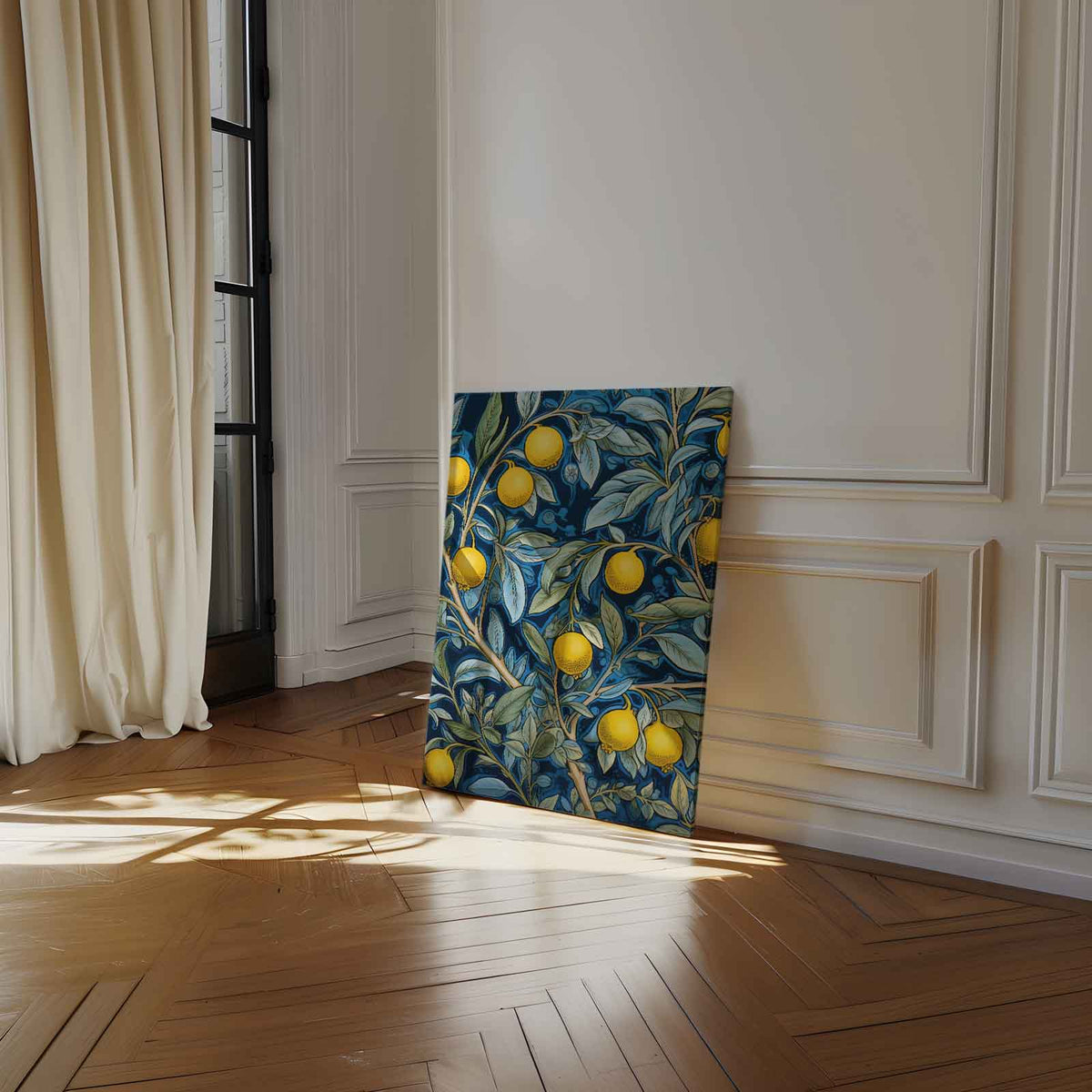 Zonnige Citroenen op Blauw – staand kunstwerk voor modern interieur