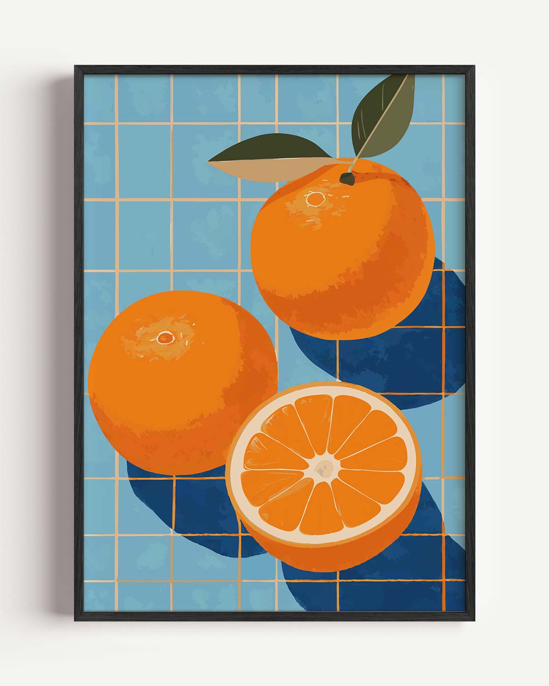 Zonnige Sinaasappels op Blauwe Tegels – keuken portret poster als wanddecoratie