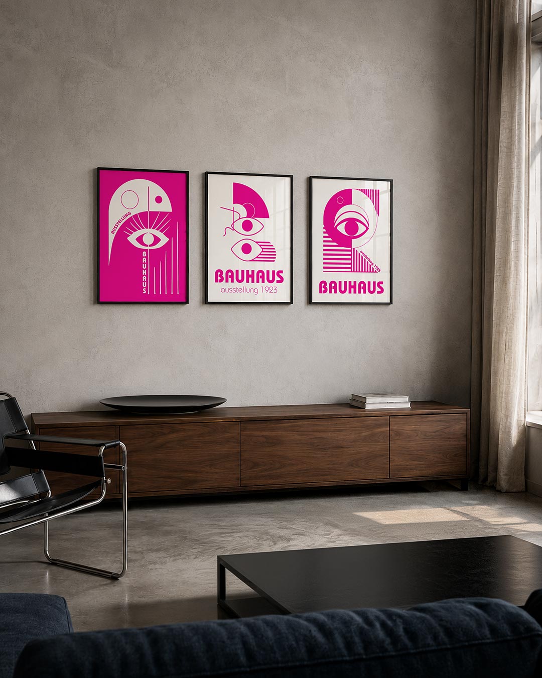 Oog en lijnen driedelige posterset – deze posterset in drie delen toont een opvallend wit oog met stralen op een felroze