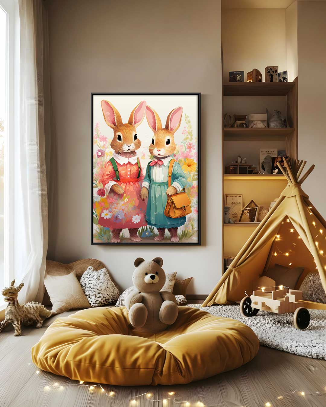 Konijnenvrienden in Bloemenweelde – canvas wanddecoratie in portret formaat