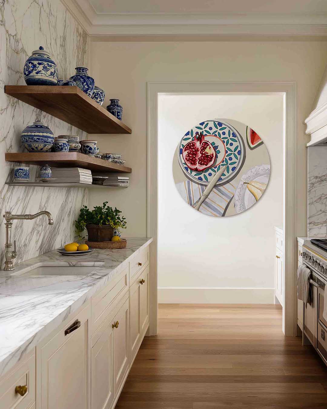 Fruit en servies – moderne abstracte muurcirkel voor aan de muur