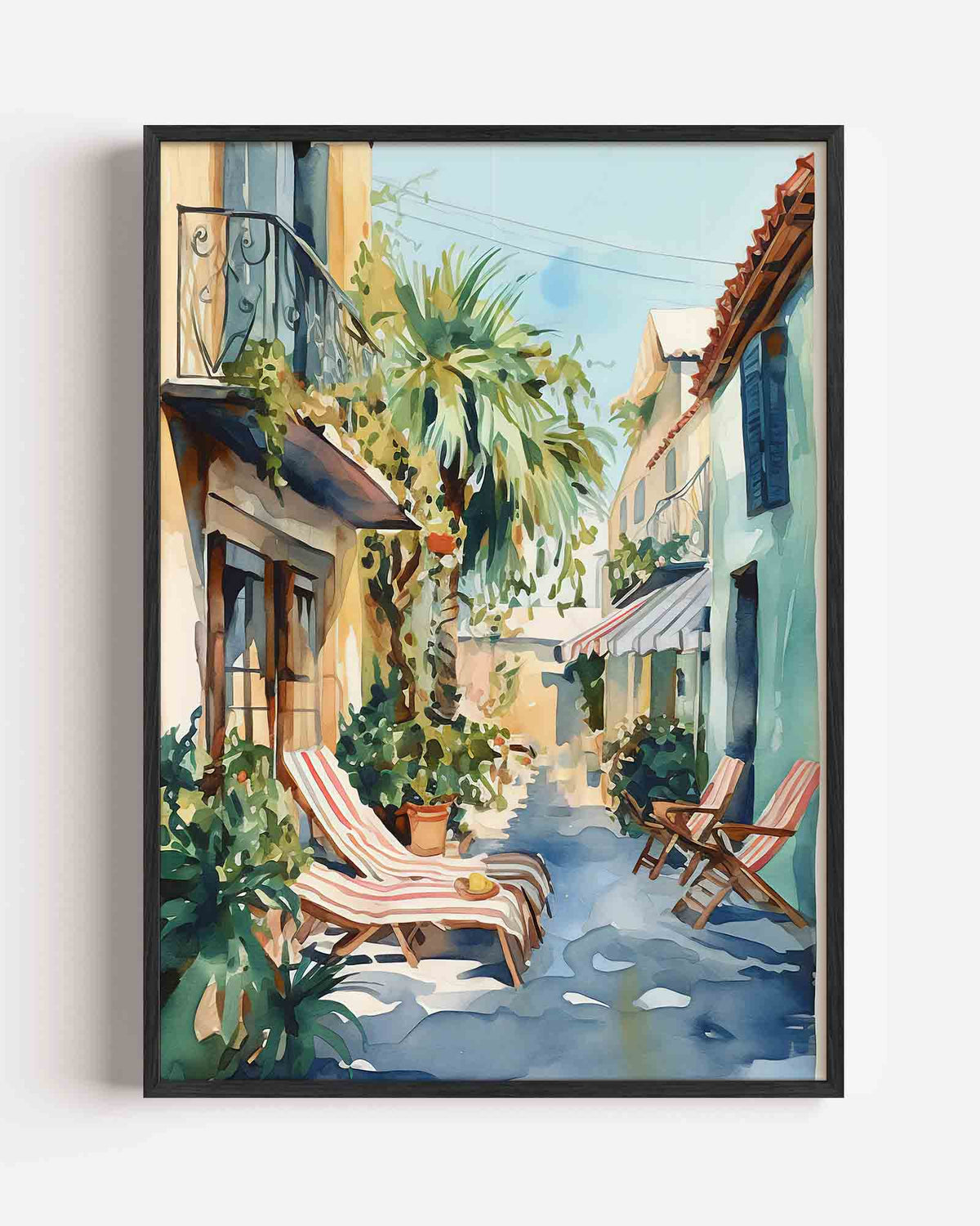 Zomerse straat met ligstoelen – kleurrijke abstracte portret poster als wanddecoratie