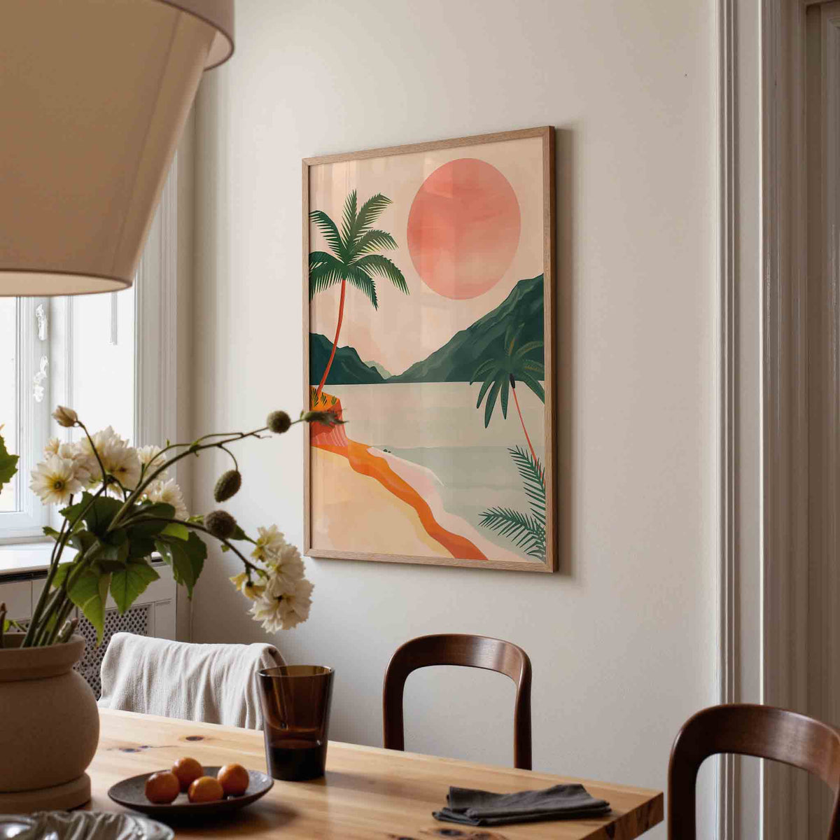 Palmbomen en zon – eigentijdse illustratie poster in staand formaat