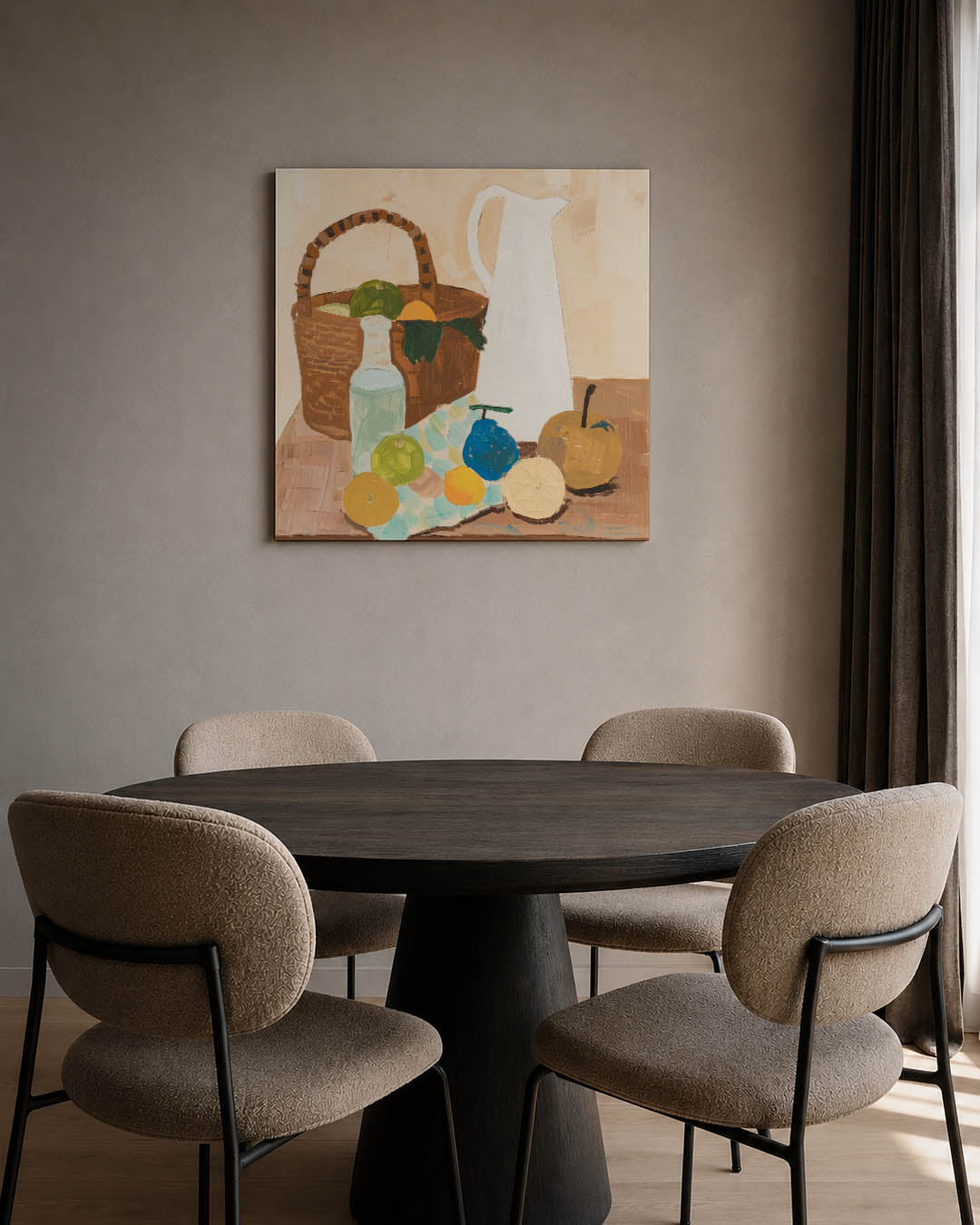 Fruit en mand kunstwerk – tweede productweergave – dit werk toont een stilleven met een mand, fruit en een karaf. De kleuren