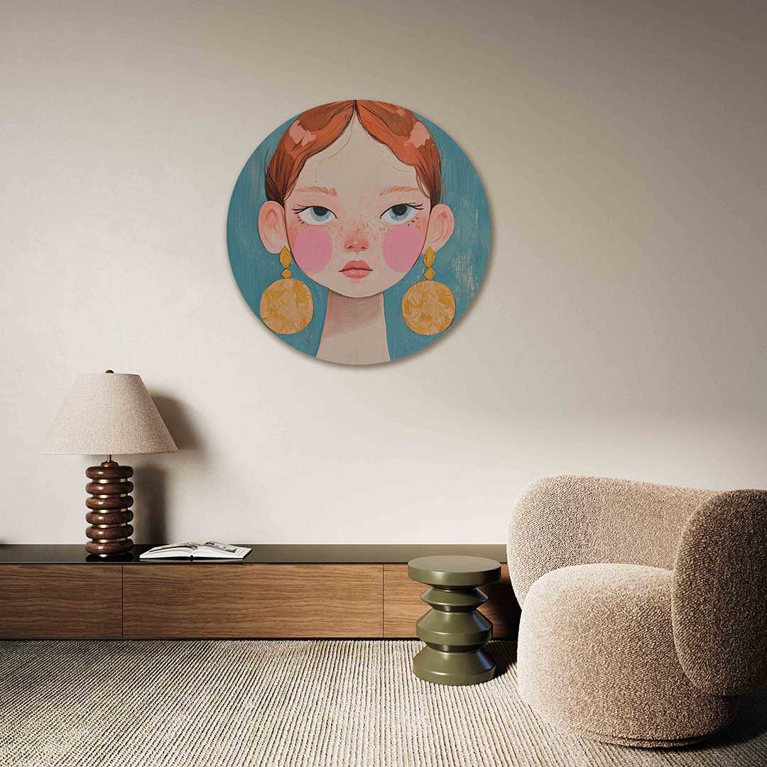 Portret met grote oorbellen – abstracte muurcirkel als ronde wanddecoratie