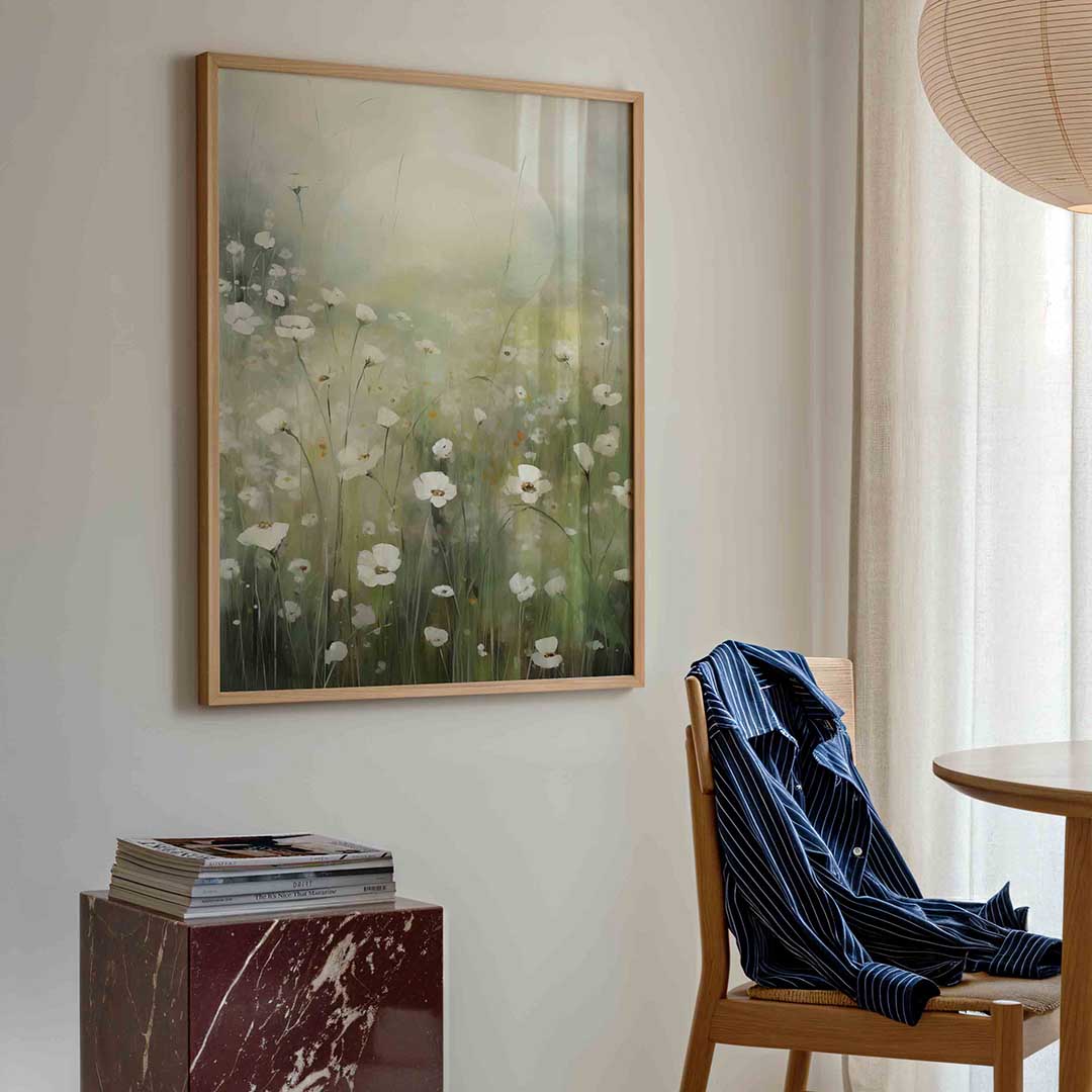 Witte bloemen in veld – bloemen poster in staand formaat