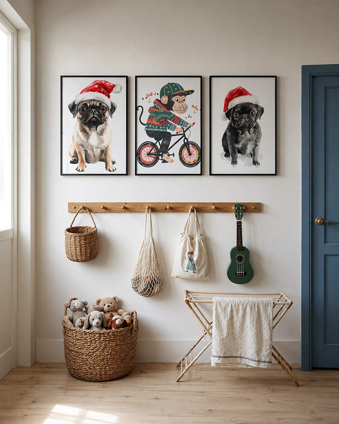Kerstige vrolijkheid posterset – detailweergave – een schattige zwarte hond met een rode kerstmuts op een