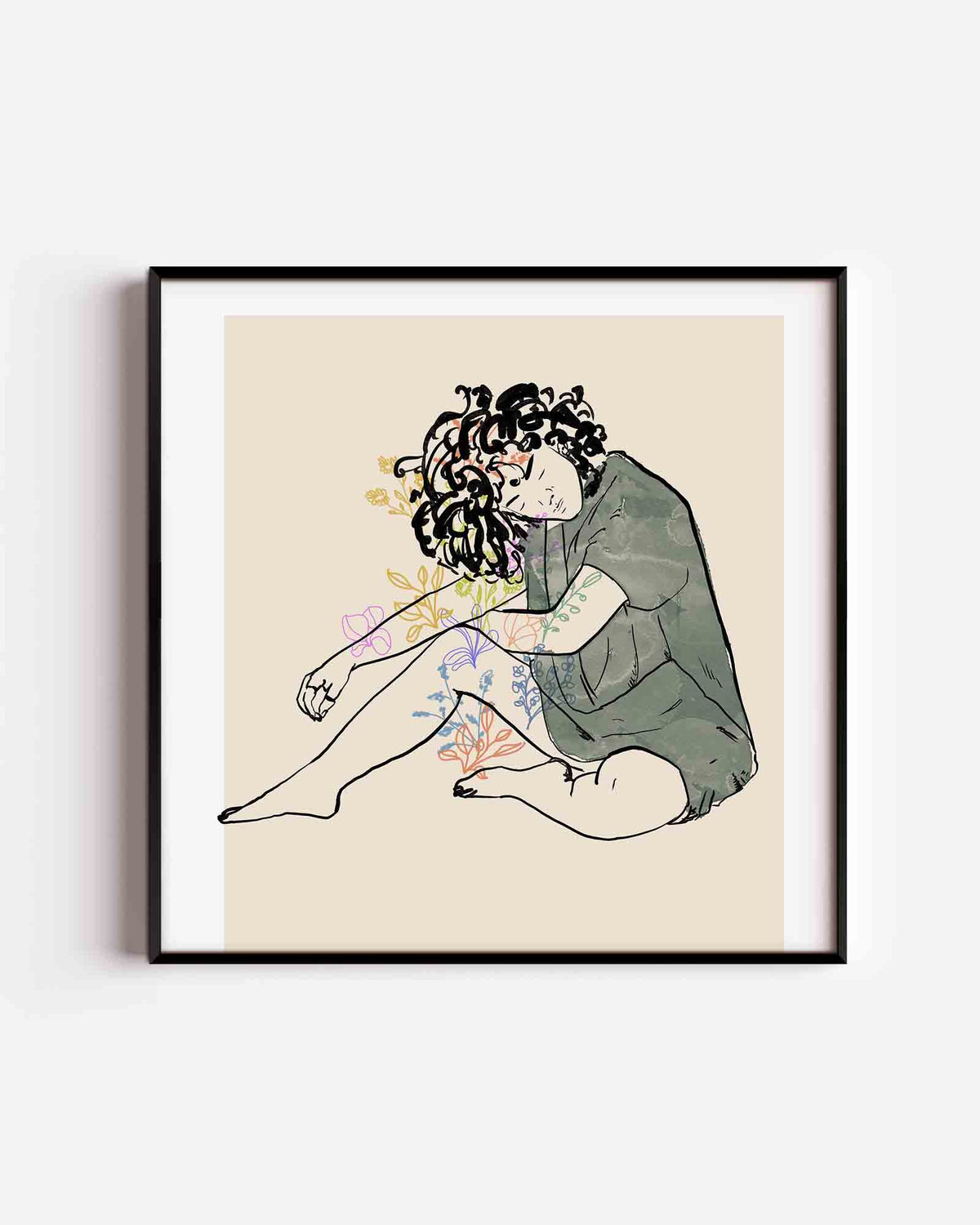 Zittende figuur met bloemen – vierkante poster met kleur en vormen als wanddecoratie