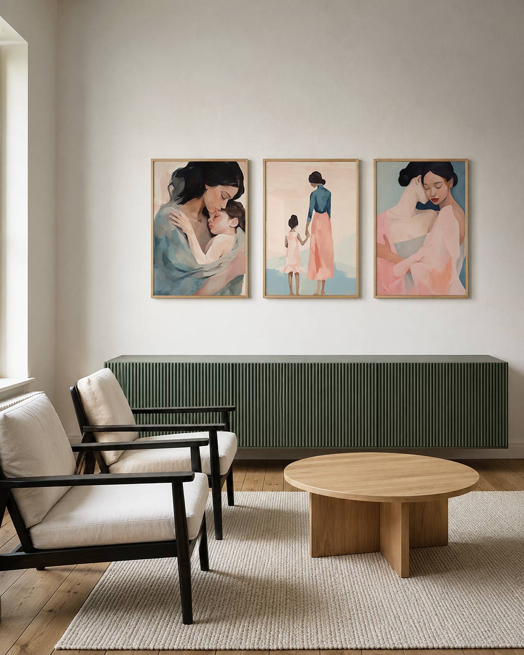 Zachte omhelzing posterset – derde productweergave – een compositie van vloeiende lijnen en zachte kleuren