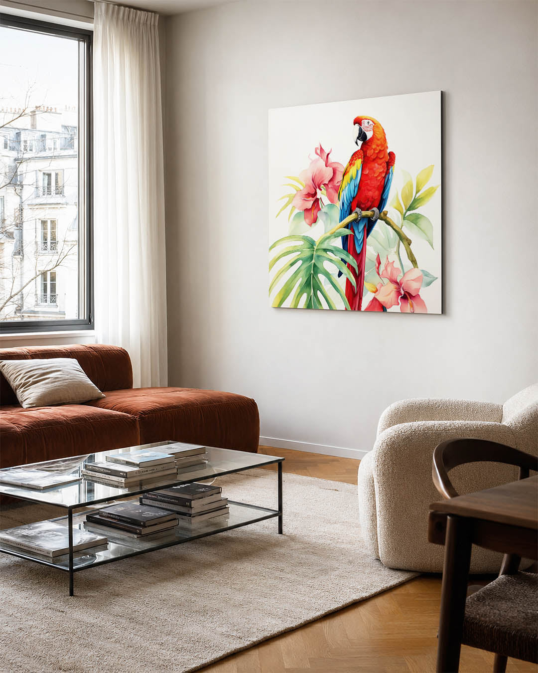 Exotische vogel en bloemen kunstwerk – vierkante wanddecoratie – dit kunstwerk toont een kleurrijke papegaai te midden van