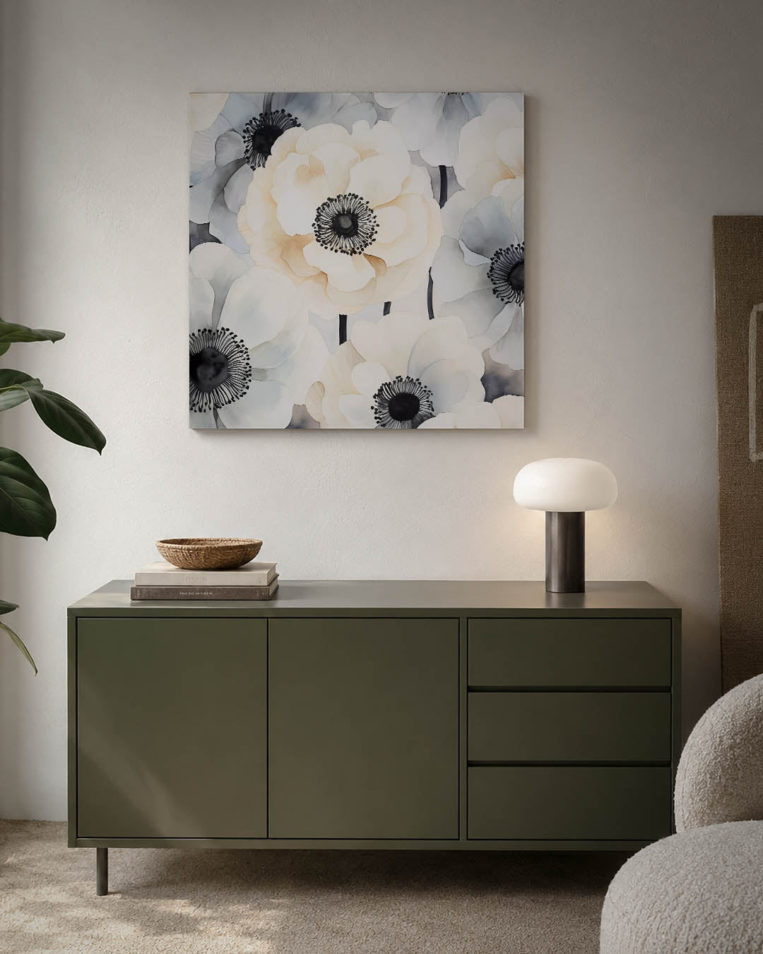 Bloemrijke compositie kunstwerk – detailweergave – dit kunstwerk toont delicate bloemen in zachte tinten, met vloeiende